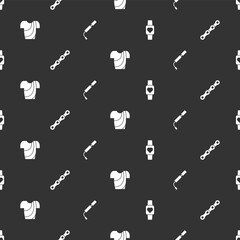 Set Smart watch, Bicycle chain, Cycling t-shirt and air pump on seamless pattern. Vector
