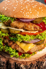 Tasty grilled home made burgers with beef, tomato, cheese, and lettuce. fast food and junk food concept