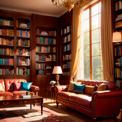 Living room with lots of books, golden light, big windows, highly detailed. Generative AI