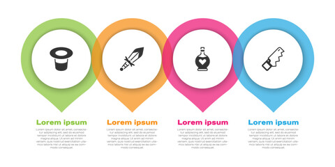 Set Magic hat, Medieval sword, Bottle with love potion and Hand saw. Business infographic template. Vector