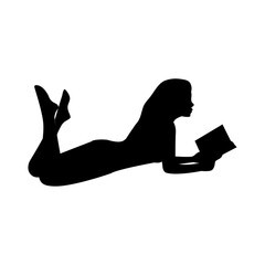 A silhouette of a beautiful girl with long hair and in bikini lying on beach with book in hands on white background vector