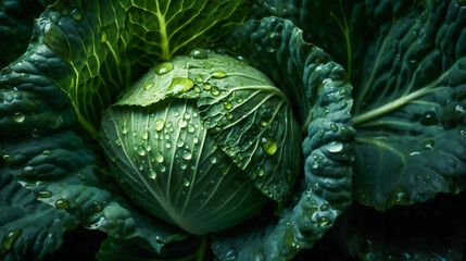 Fototapeta premium Water Droplets on Cabbage Leaves. Generative AI