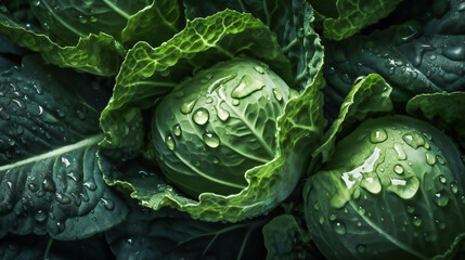 Fototapeta premium Water Droplets on Cabbage Leaves. Generative AI