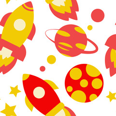 Seamless pattern of space elements. Rockets, planets and stars on white background. Cartoon vector illustration.