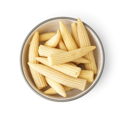 Bowl of tasty canned corn cobs on white background