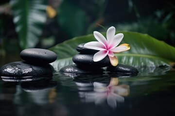Obraz na płótnie Canvas Pyramids of balanced zen pebble meditation stones with green leaves and flowers in water on tropical forest background. Concept of harmony, balance and meditation, spa, massage, relax and yoga.