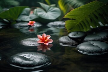 Pyramids of balanced zen pebble meditation stones with green leaves and flowers in water on tropical forest background. Concept of harmony, balance and meditation, spa, massage, relax and yoga.