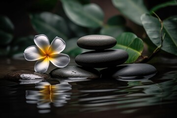 Fototapeta na wymiar Pyramids of balanced zen pebble meditation stones with green leaves and flowers in water on tropical forest background. Concept of harmony, balance and meditation, spa, massage, relax and yoga.