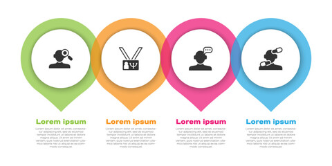 Set Finding a problem in psychology, Psychology, Online psychological counseling and Sedative pills. Business infographic template. Vector
