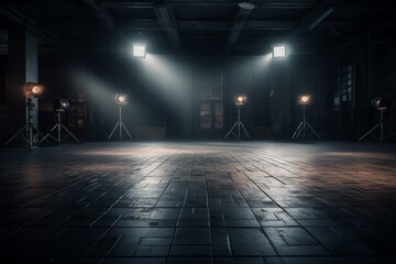 Spotlights on stage floor in dark room. Ideal for background or mock up. Generative AI