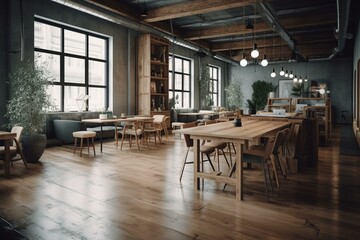 Stylish contemporary coworking interior with wood, concrete, furnishings and facilities. Ideal for business and work settings. Rendering. Generative AI
