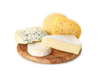 Wooden board with different types of cheese isolated on white background