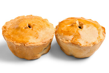 Tasty meat pot pies on white background