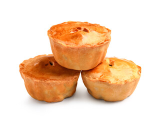 Tasty meat pot pies on white background