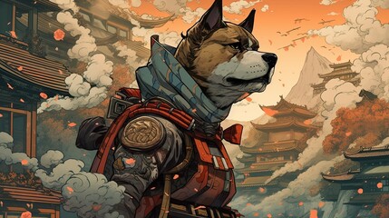 A Heroic Battle - 4K Hi-Res Wallpaper of a Dog, Inspired by a Game Movie with Urban, High-Tech, and Fantastical Settings (Ukiyo-e Art: Generative AI - obrazy, fototapety, plakaty