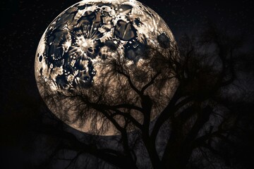 Full moon behind tree with bats in sky on black background. Generative AI