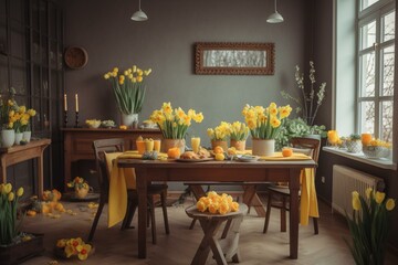 Easter-themed interior with bright daffodils and flowers accenting a light backdrop. Ample space to add text or other elements. Generative AI