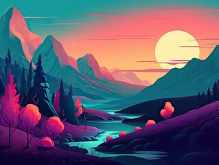 A colorful landscape with a river and mountains outdoor explore travel illustration