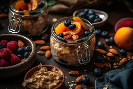 Breakfast with cinnamon oatmeal, nuts and peaches in a snap lid jar. Created with Generative AI.