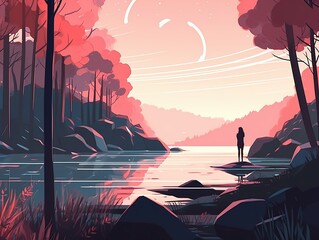 A digital illustration of a person standing on a river in the woods  outdoor explore travel