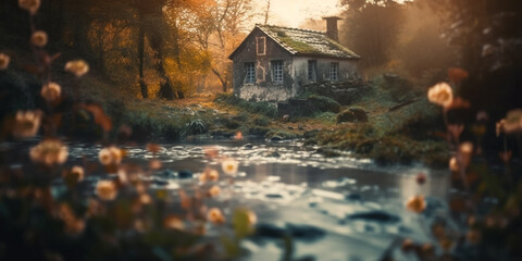 A house by the river in autumn. Generative Ai