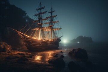 Old pirate ship anchored in a bay on a foggy night - illustration. Generative AI