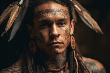 A man with tattoos on his face is shown with the word indian on the front. Generative Ai - obrazy, fototapety, plakaty