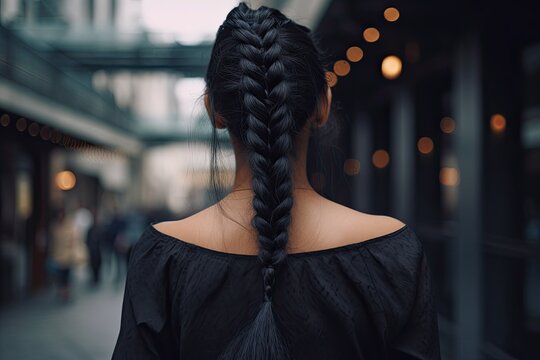 Beautiful Black-Haired Woman from Rear View: A Portrait of Grace and Elegance: Generative AI