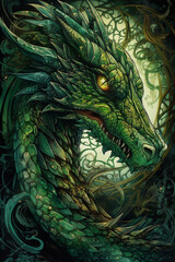 Green dragon in the dark. Generative Ai