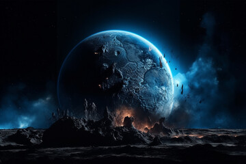 A planet with a blue planet and a planet with a explosion in the background. Generative Ai