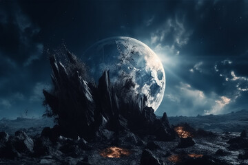 A moonlit landscape with a planet and the moon. Generative Ai