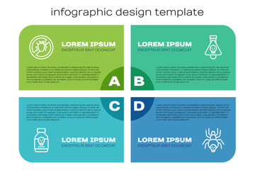 Set line Poisoned pill, Stop colorado beetle, Poisonous spider and Bottle with potion. Business infographic template. Vector