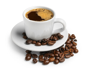 Obraz premium Cup of hot aromatic coffee on white background