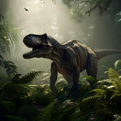 Render dinosaur in jungle created with Generative AI technology.