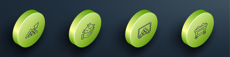 Set Isometric line Growth arrow with gold bars, Gold nugget, Safe and Mine cart icon. Vector