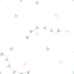 Watercolor minimalistic seamless pattern with blue and yellow stars and flags on white background