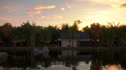 Obraz premium house in the jungle on the river bank, 3D illustration, cg render
