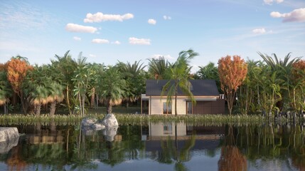 Fototapeta premium house in the jungle on the river bank, 3D illustration, cg render