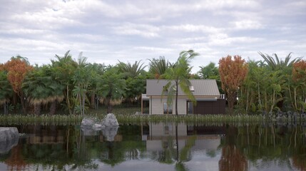 Obraz premium house in the jungle on the river bank, 3D illustration, cg render