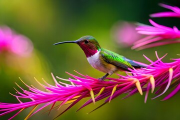  bright blue and green hummingbirds, White-necked Jacobin,Florisuga mellivora and Andean emerald,  feeding from banana flower with raindrops, against abstract green background. 