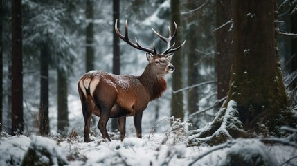 Illustration of a majestic deer in a snow forest. Generative AI.
