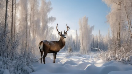Illustration of a majestic deer in a snow forest. Generative AI.