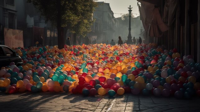 Vibrant and colorful balls art installation at the street. Generative AI 