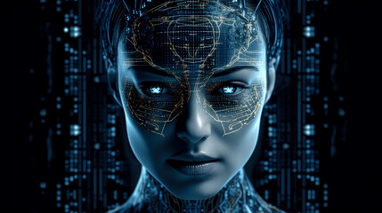 Face, portrait of artificial intelligence (AI). Female robot, humanoid, cyborg. Symbol image. Generative AI