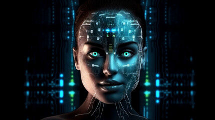 Face, portrait of artificial intelligence (AI). Female robot, humanoid, cyborg. Symbol image. Generative AI