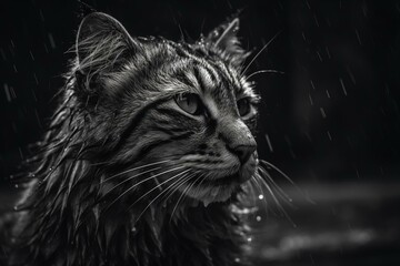 A monochrome feline getting wet in the precipitation. Generative AI