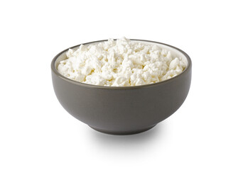 Bowl with tasty cottage cheese on white background
