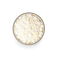 Bowl with tasty cottage cheese on white background