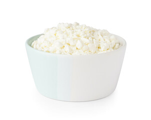 Bowl with tasty cottage cheese on white background