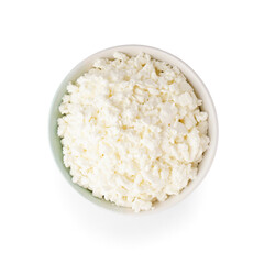 Bowl with tasty cottage cheese on white background